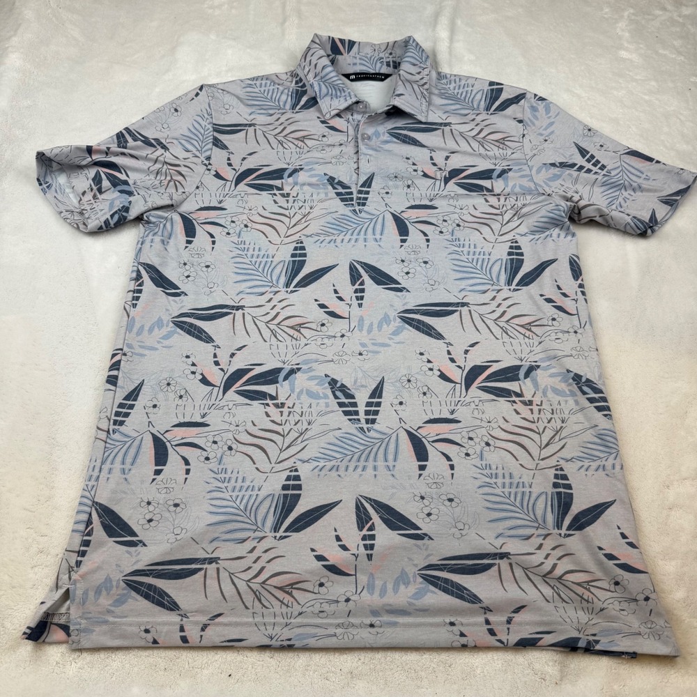 TravisMathew Mens Large Tropical Palm Leaf Floral Polo Shirt Grey Blue Pink L